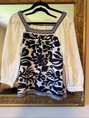 Maeve White Peasant Blouse with Navy Floral Embroidery